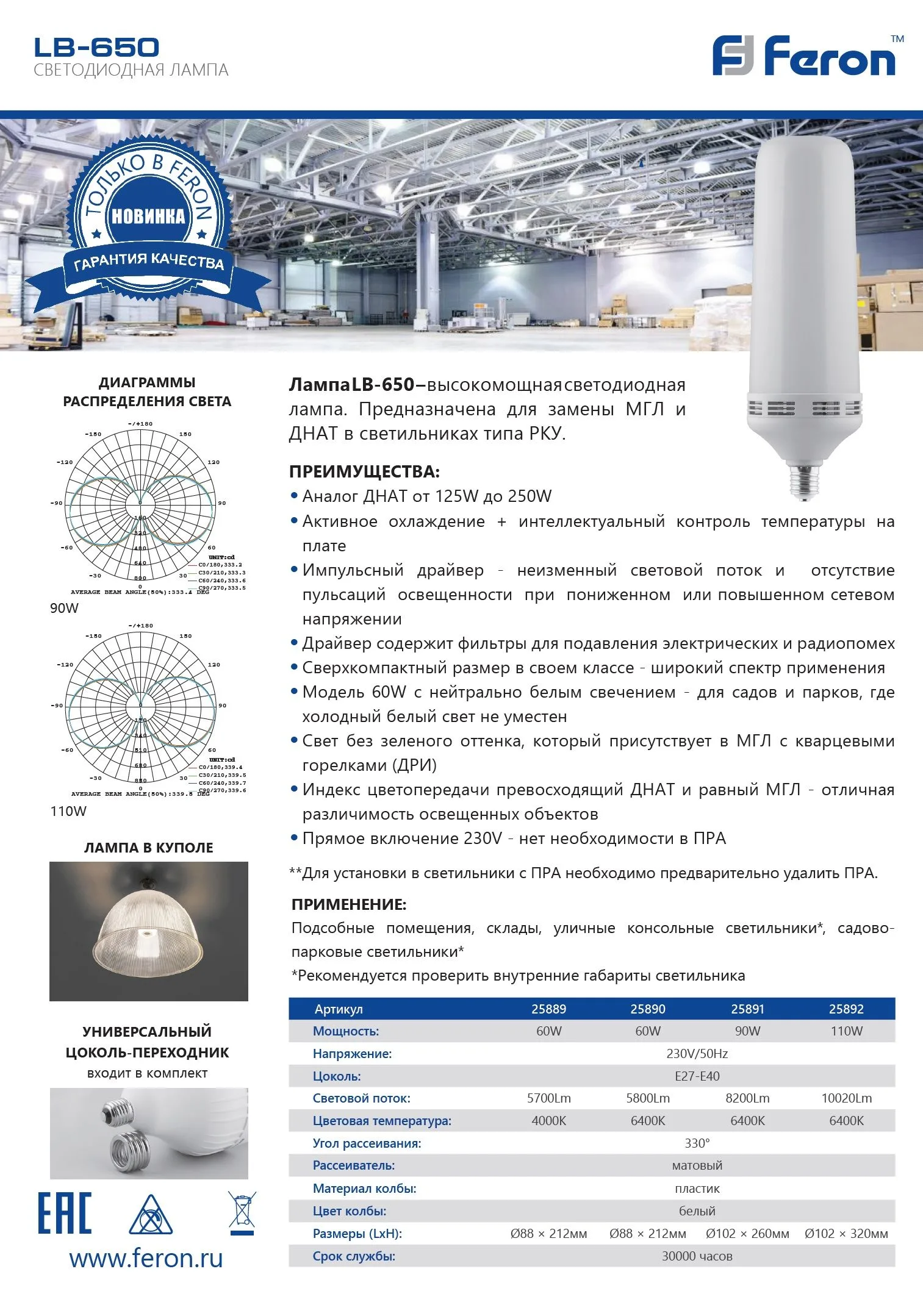 FERON Лампа светодиодная LB-650 E27-E40 60W 4000K 25889 FERON Лампа светодиодная LB-650 E27-E40 60W 4000K 25889