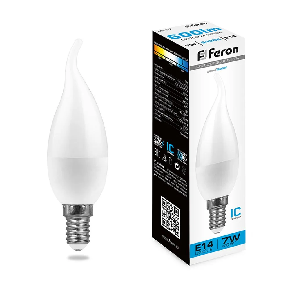 FERON Лампа светодиодная LB-97 Свеча на ветру E14 7W 175-265V 6400K 38135 FERON Лампа светодиодная LB-97 Свеча на ветру E14 7W 175-265V 6400K 38135