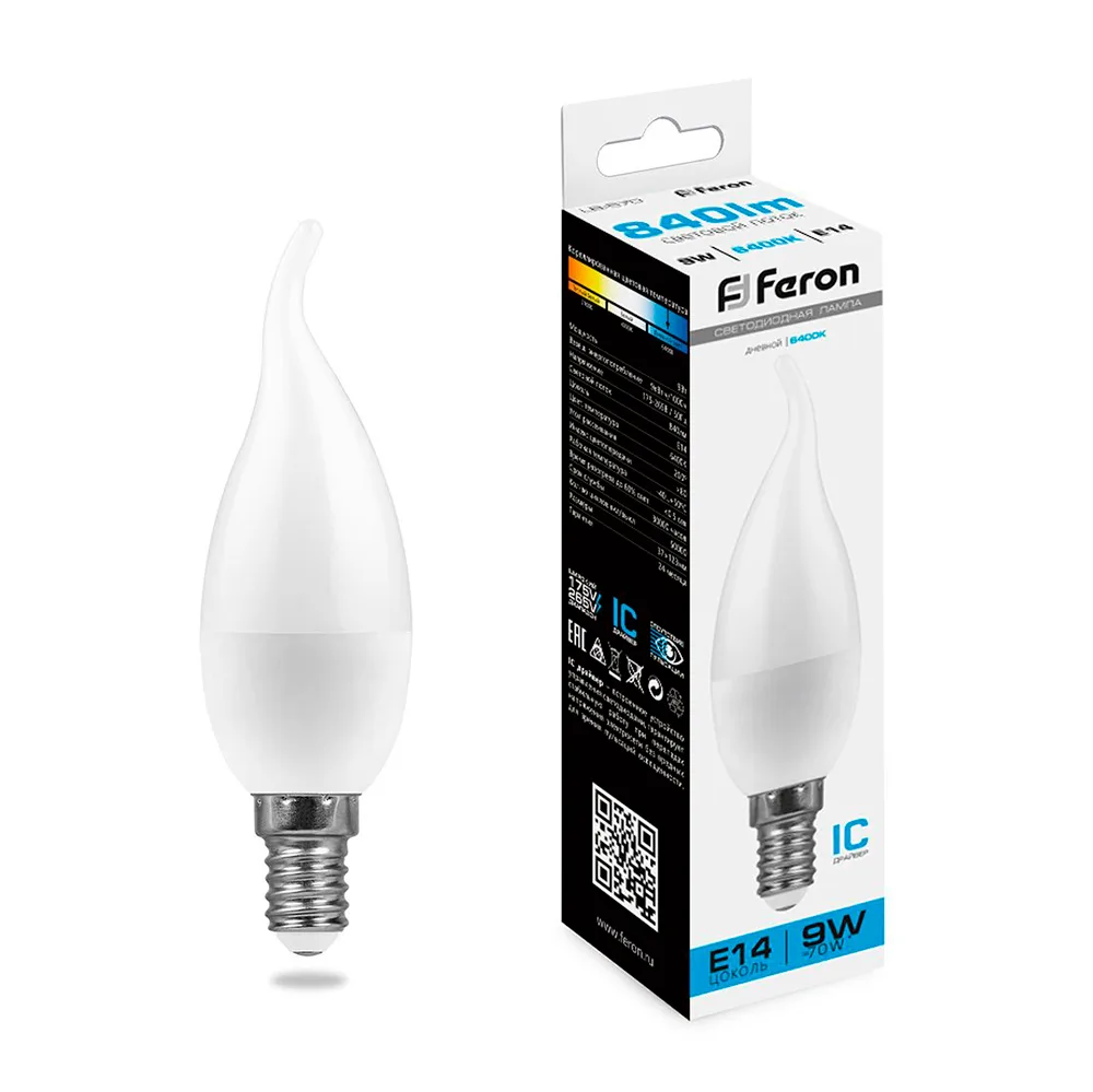 FERON Лампа светодиодная LB-570 Свеча на ветру E14 9W 175-265V 6400K 38136 FERON Лампа светодиодная LB-570 Свеча на ветру E14 9W 175-265V 6400K 38136