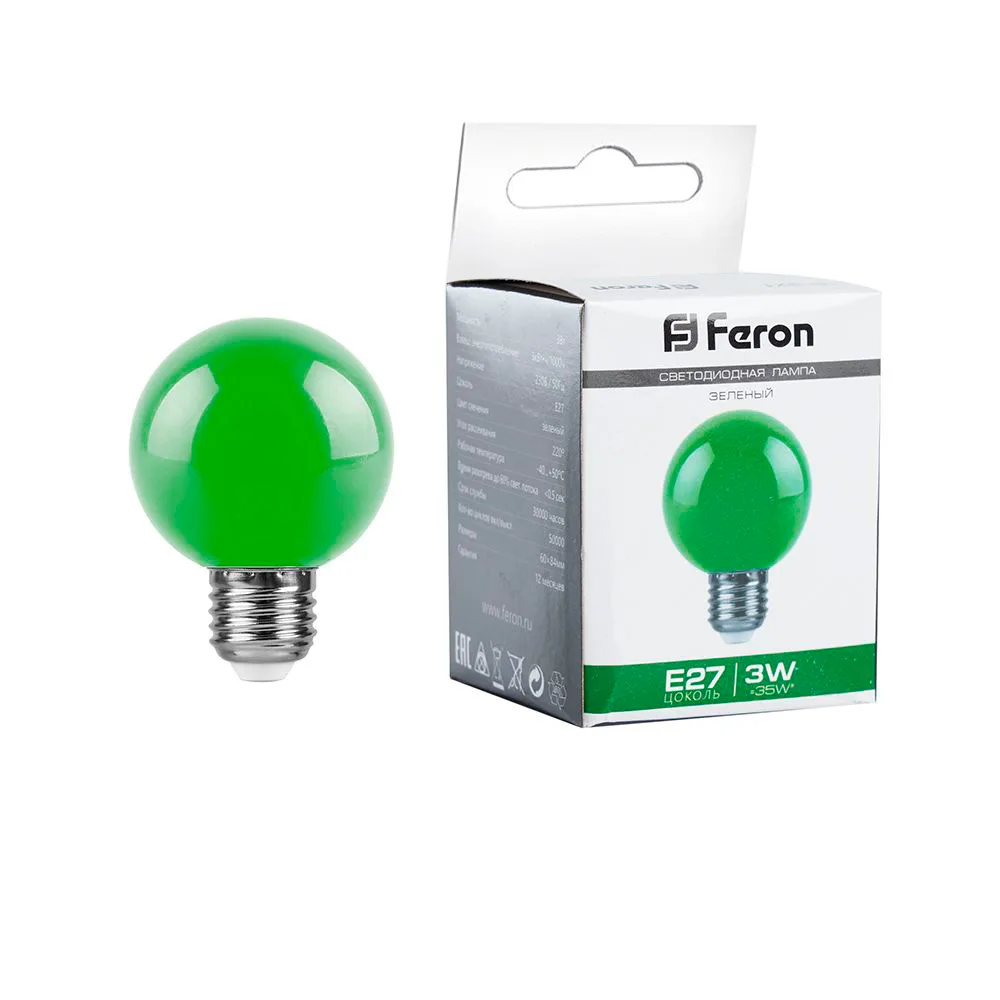 Лампа светодиодная FERON LB-371 Шар E27 3W 230V зеленый 25907