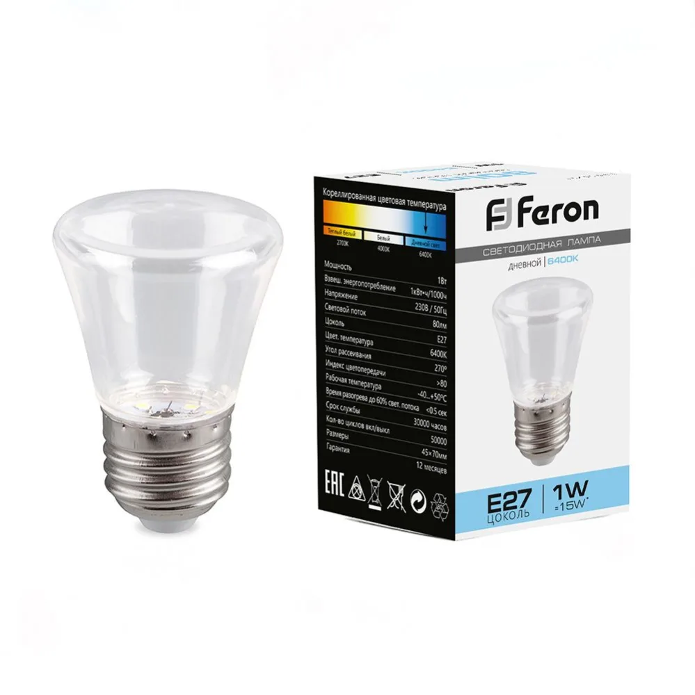 FERON Лампа светодиодная LB-372 Колокольчик прозрачный E27 1W 6400K 25908 FERON Лампа светодиодная LB-372 Колокольчик прозрачный E27 1W 6400K 25908
