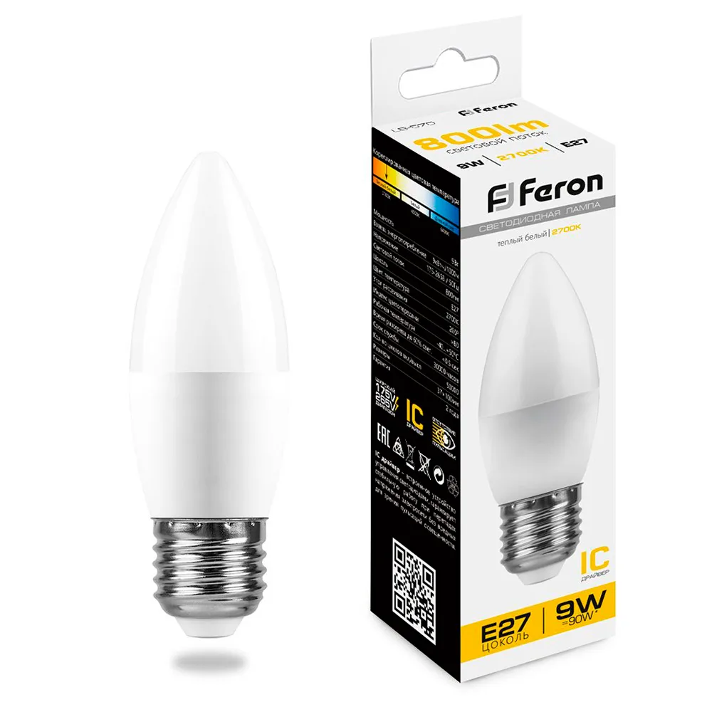 FERON Лампа светодиодная LB-570 Свеча E27 9W 175-265V 2700K 25936 FERON Лампа светодиодная LB-570 Свеча E27 9W 175-265V 2700K 25936