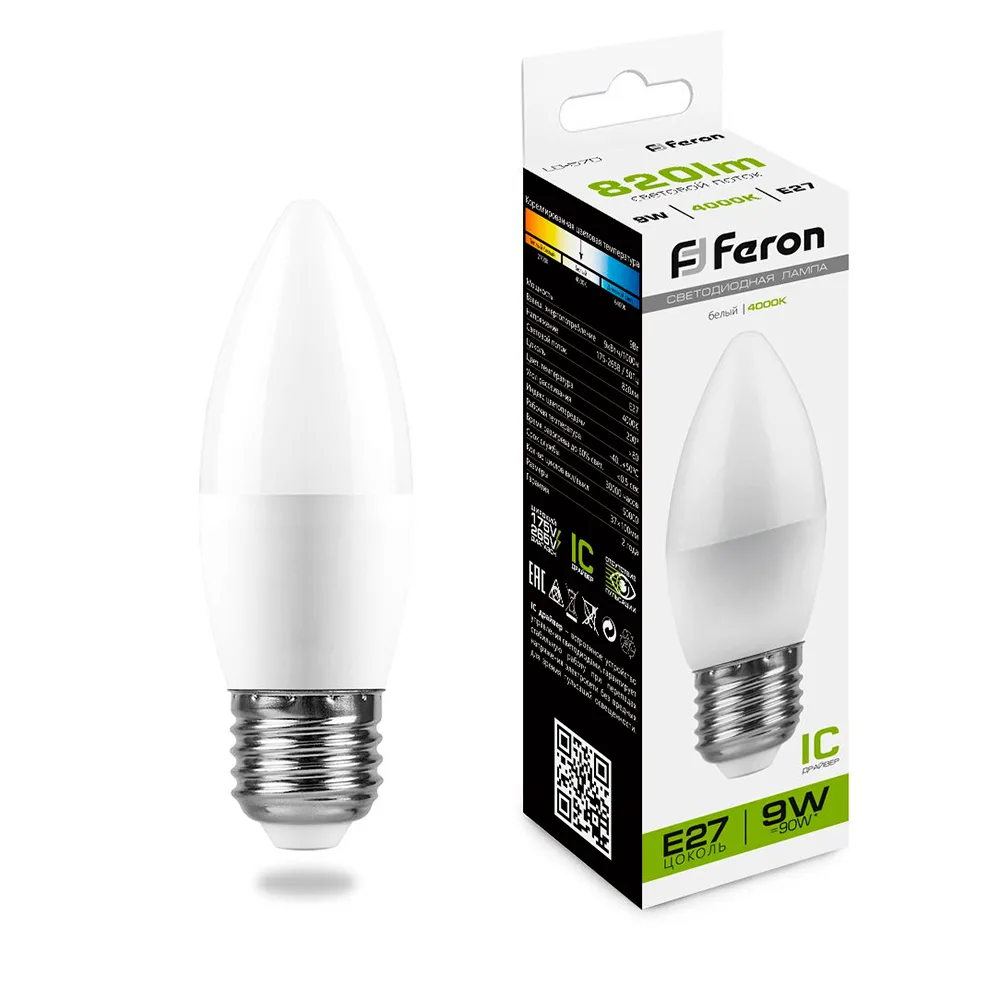Лампа светодиодная FERON LB-570 Свеча E27 9W 175-265V 4000K 25937