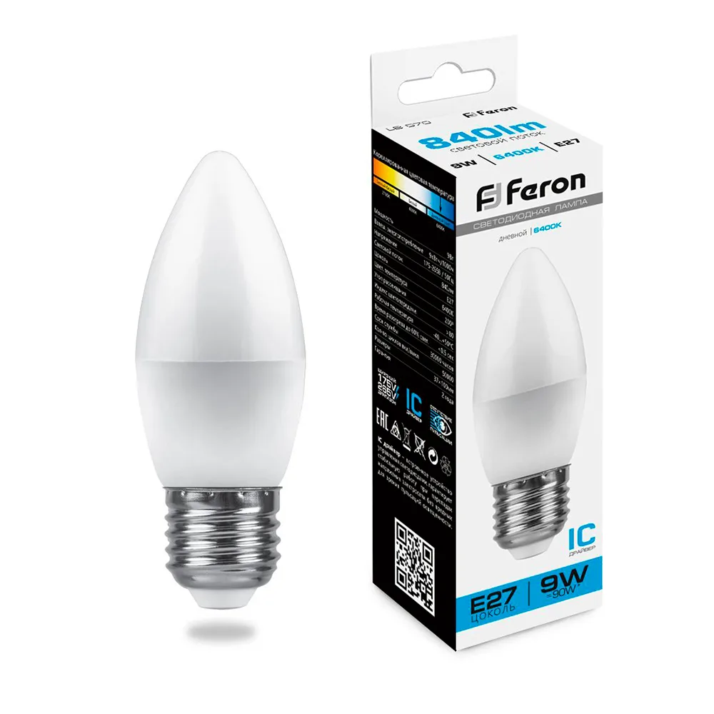 FERON Лампа светодиодная LB-570 Свеча E27 9W 175-265V 6400K 25938 FERON Лампа светодиодная LB-570 Свеча E27 9W 175-265V 6400K 25938