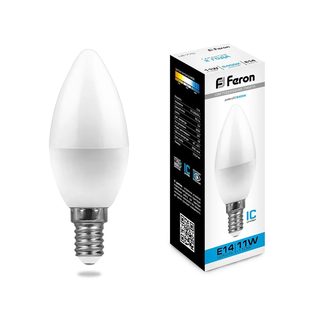 FERON Лампа светодиодная LB-770 Свеча E14 11W 175-265V 6400K 25943 FERON Лампа светодиодная LB-770 Свеча E14 11W 175-265V 6400K 25943