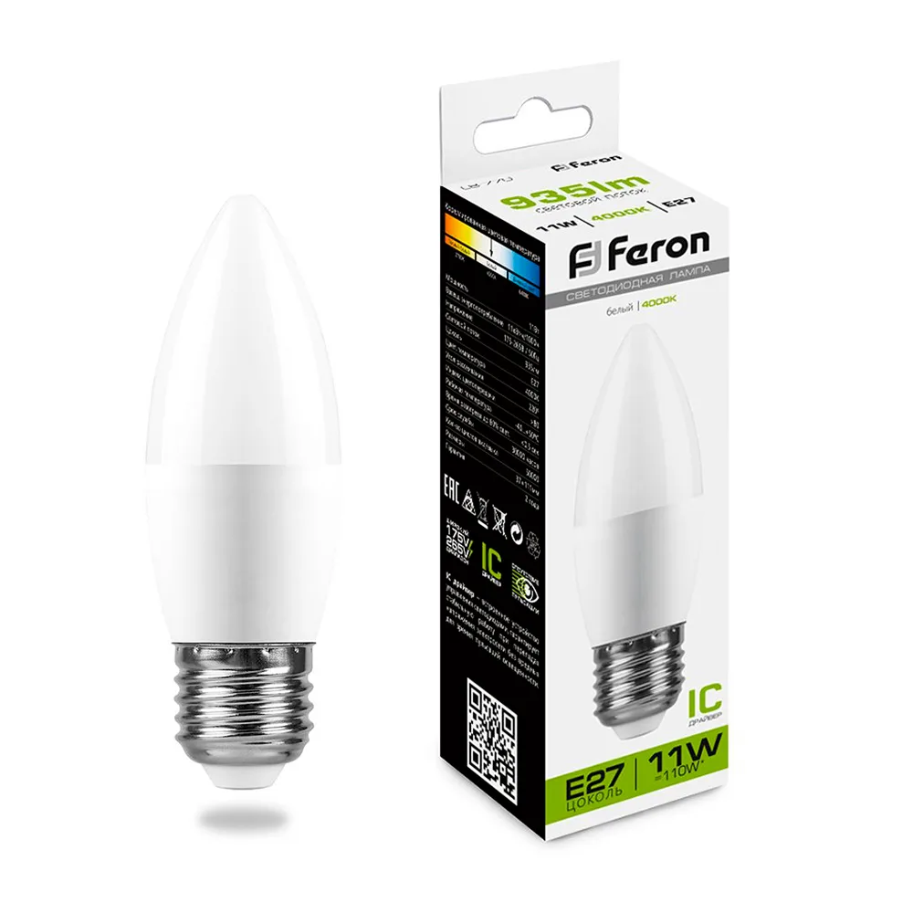 FERON Лампа светодиодная LB-770 Свеча E27 11W 175-265V 4000K 25944 FERON Лампа светодиодная LB-770 Свеча E27 11W 175-265V 4000K 25944