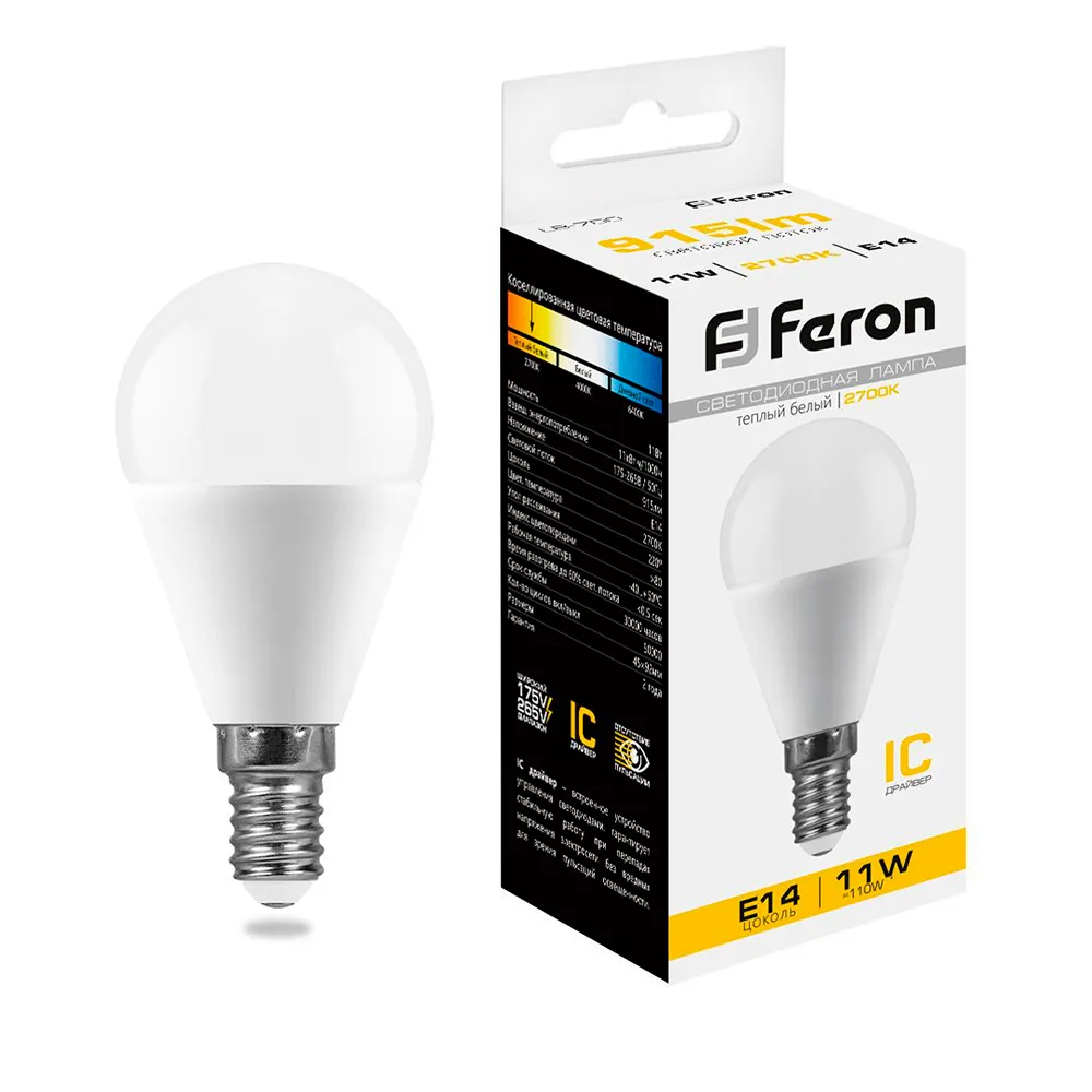 FERON Лампа светодиодная LB-750 Шарик E14 11W 175-265V 2700K 25946 FERON Лампа светодиодная LB-750 Шарик E14 11W 175-265V 2700K 25946