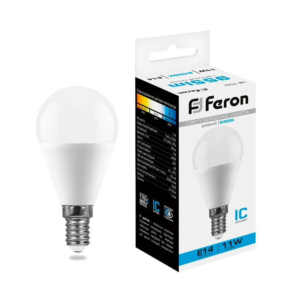 FERON Лампа светодиодная LB-750 Шарик E14 11W 175-265V 6400K 25948 FERON Лампа светодиодная LB-750 Шарик E14 11W 175-265V 6400K 25948