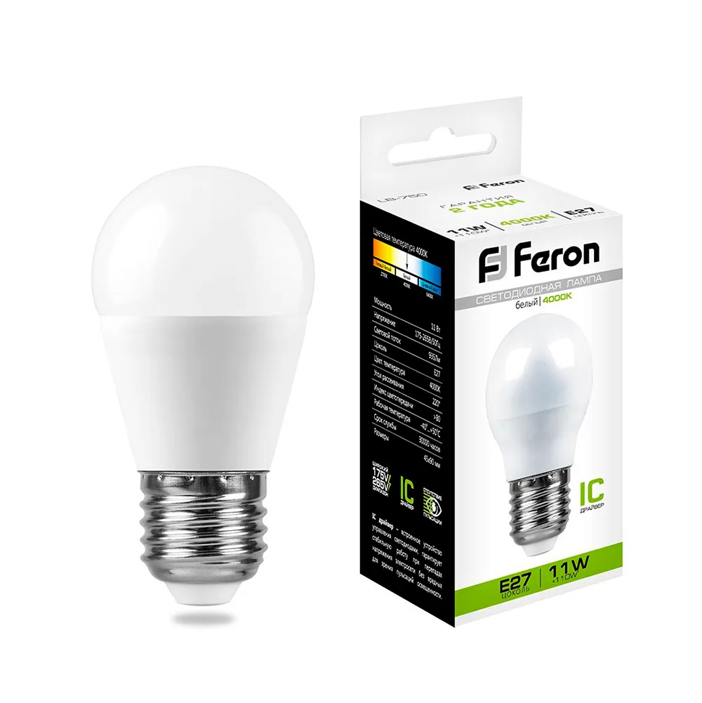 FERON Лампа светодиодная LB-750 Шарик E27 11W 175-265V 4000K 25950 FERON Лампа светодиодная LB-750 Шарик E27 11W 175-265V 4000K 25950