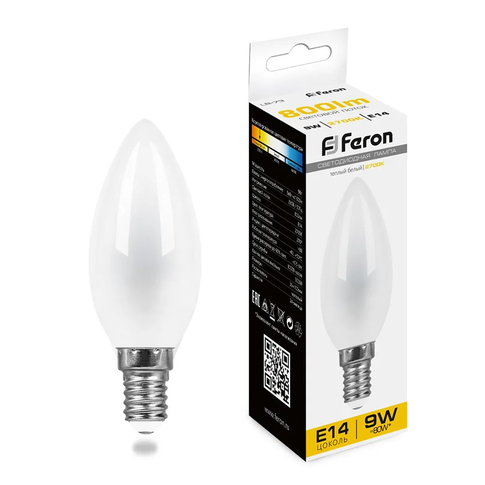 Лампа светодиодная FERON LB-73 Свеча E14 9W 230V 2700K 25955