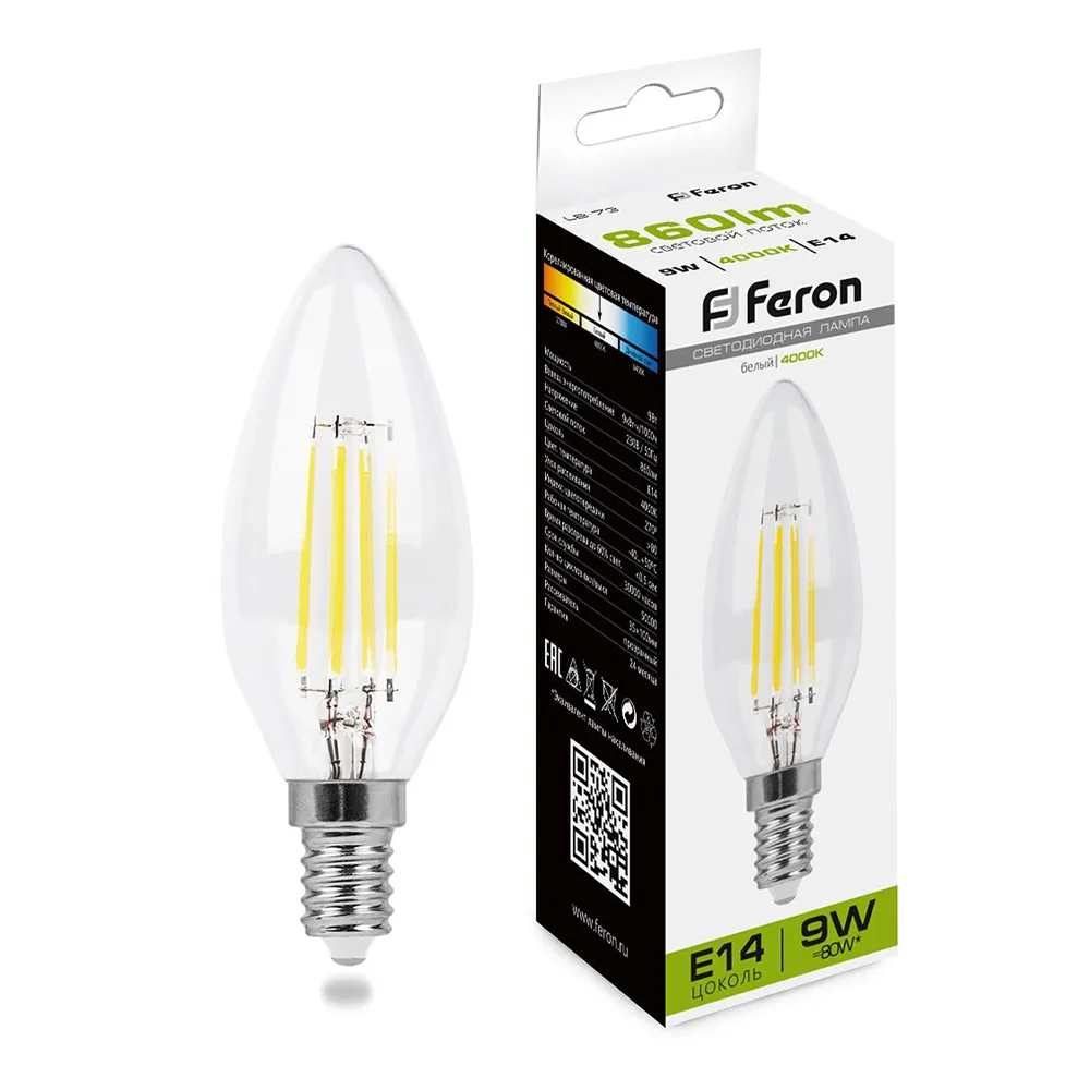 FERON Лампа светодиодная LB-73 Свеча E14 9W 230V 4000K 25958 FERON Лампа светодиодная LB-73 Свеча E14 9W 230V 4000K 25958