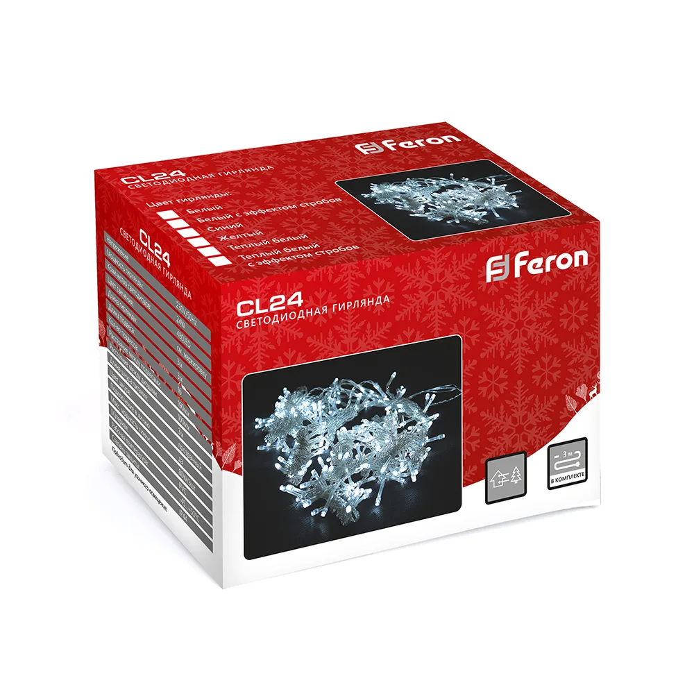 FERON Светодиодная гирлянда CL24 занавес 3*3м + 3м 2700К статичная, c питанием от сети 230V, белый шнур FERON Светодиодная гирлянда CL24 занавес 3*3м + 3м 2700К статичная, c питанием от сети 230V, белый шнур