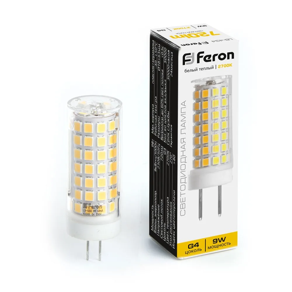 FERON Лампа светодиодная LB-434 G4 9W 175-265V 2700K 38143 FERON Лампа светодиодная LB-434 G4 9W 175-265V 2700K 38143