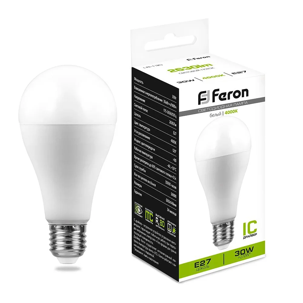 FERON Лампа светодиодная LB-130 Шар E27 30W 175-265V 4000K 38195 FERON Лампа светодиодная LB-130 Шар E27 30W 175-265V 4000K 38195