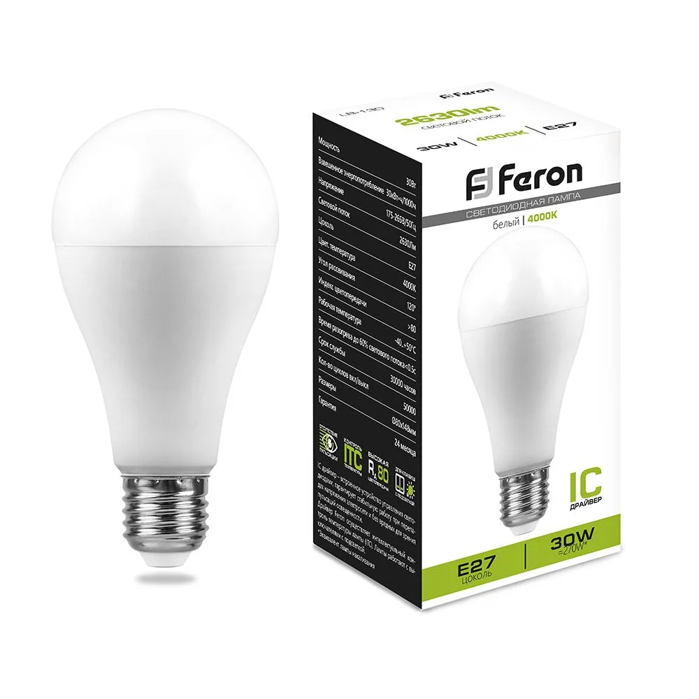 FERON Лампа светодиодная LB-130 Шар E27 30W 175-265V 4000K 38195 FERON Лампа светодиодная LB-130 Шар E27 30W 175-265V 4000K 38195