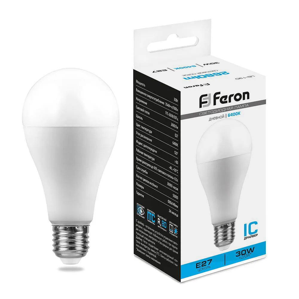 FERON Лампа светодиодная LB-130 Шар E27 30W 175-265V 6400K 38196 FERON Лампа светодиодная LB-130 Шар E27 30W 175-265V 6400K 38196