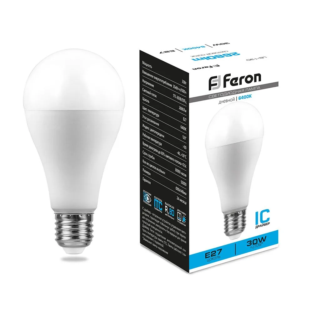 FERON Лампа светодиодная LB-130 Шар E27 30W 175-265V 6400K 38196 FERON Лампа светодиодная LB-130 Шар E27 30W 175-265V 6400K 38196