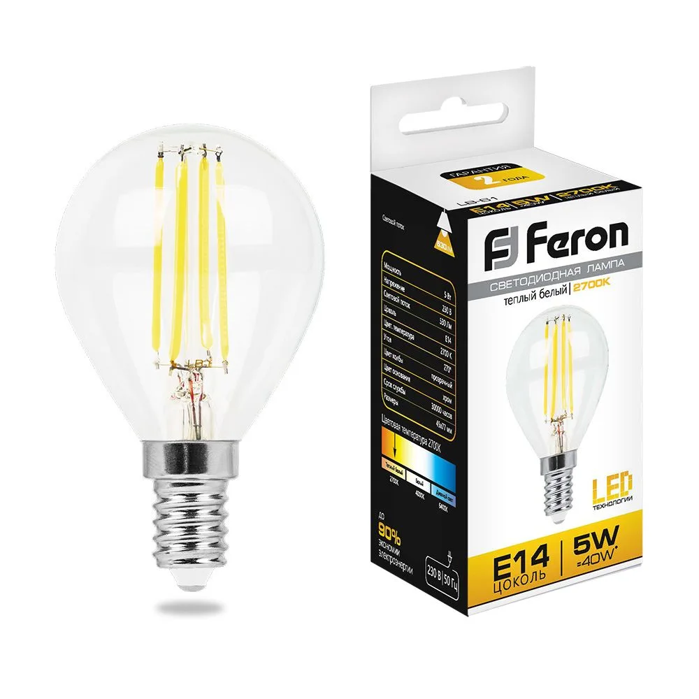 FERON Лампа светодиодная LB-61 Шарик E14 5W 230V 2700K 25578 FERON Лампа светодиодная LB-61 Шарик E14 5W 230V 2700K 25578
