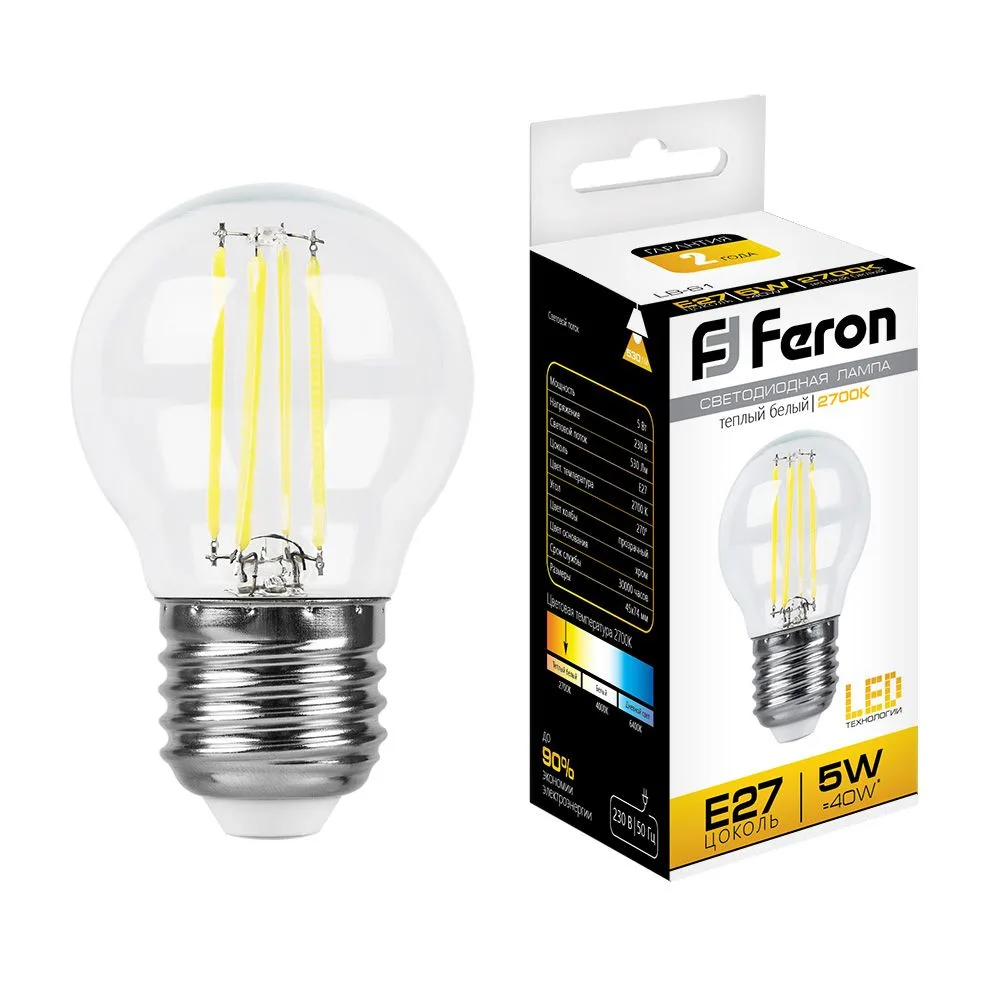 FERON Лампа светодиодная LB-61 Шарик E27 5W 230V 2700K 25581 FERON Лампа светодиодная LB-61 Шарик E27 5W 230V 2700K 25581