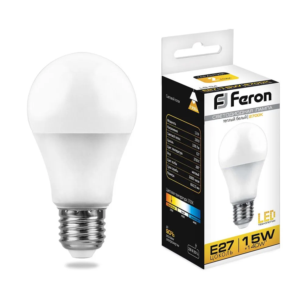 FERON Лампа светодиодная LB-94 Шар E27 15W 175-265V 2700K 25628 FERON Лампа светодиодная LB-94 Шар E27 15W 175-265V 2700K 25628