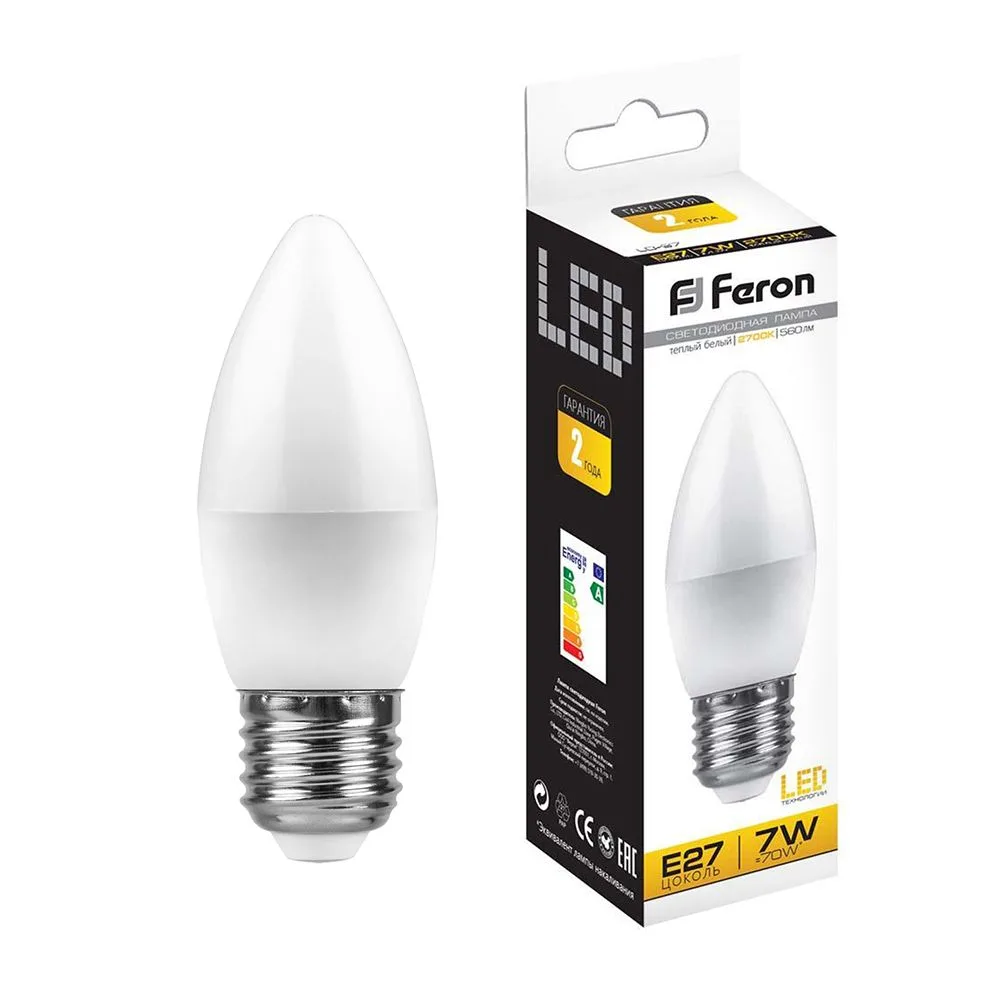 Лампа светодиодная FERON LB-97 Свеча E27 7W 175-265V 2700K 25758