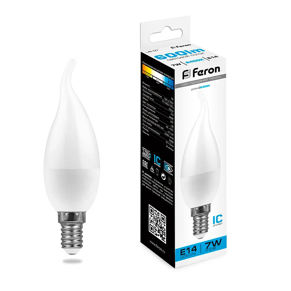 Лампа светодиодная FERON LB-97 Свеча E14 7W 175-265V 2700K 25475