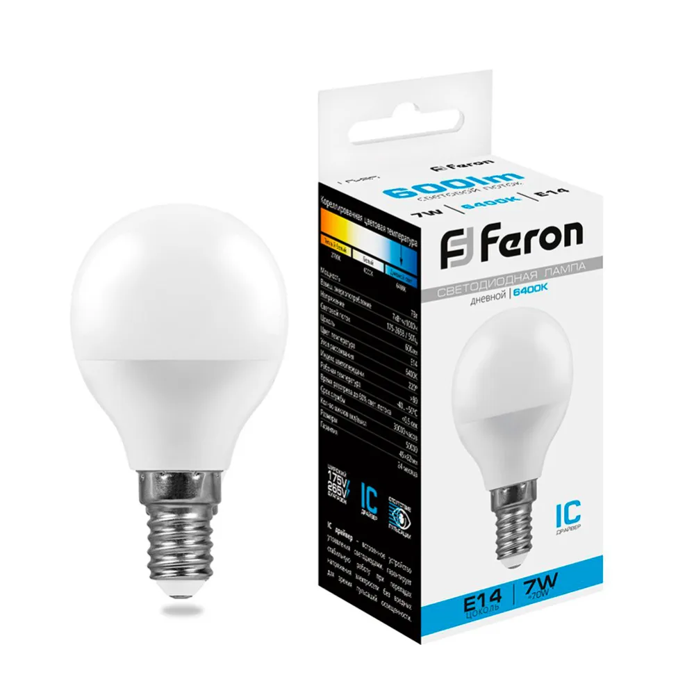 FERON Лампа светодиодная LB-95 Шарик E14 7W 175-265V 6400K 25480 FERON Лампа светодиодная LB-95 Шарик E14 7W 175-265V 6400K 25480