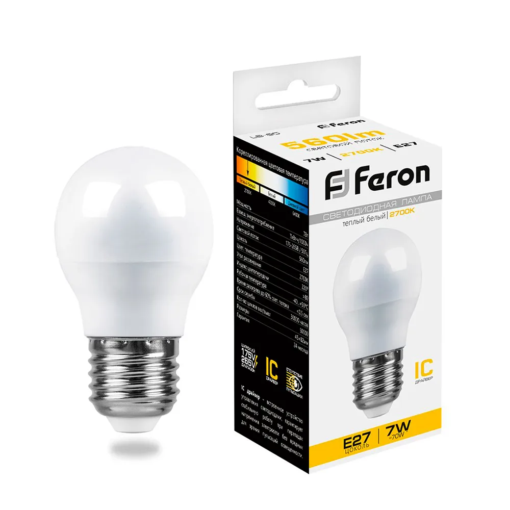 FERON Лампа светодиодная LB-95 Шарик E27 7W 175-265V 2700K 25481 FERON Лампа светодиодная LB-95 Шарик E27 7W 175-265V 2700K 25481