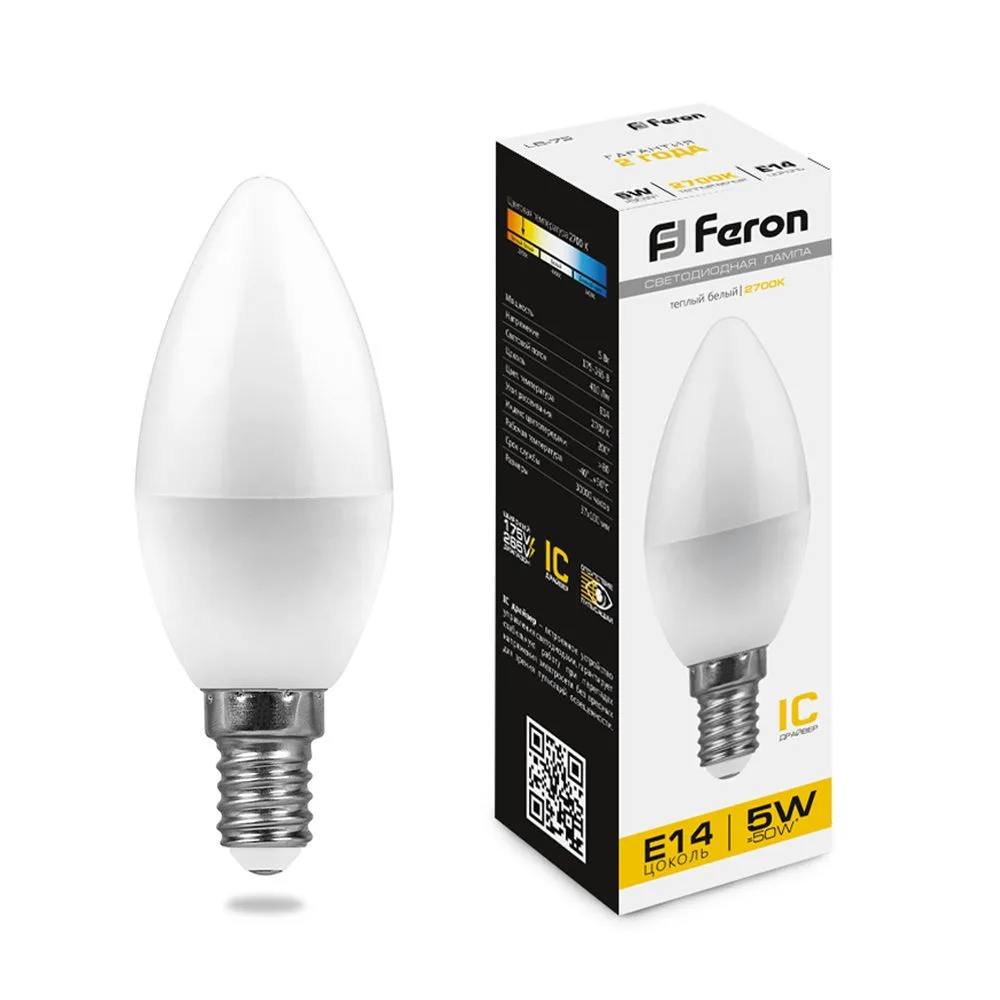 FERON Лампа светодиодная LB-72 Свеча E14 5W 2700K 25400 FERON Лампа светодиодная LB-72 Свеча E14 5W 2700K 25400