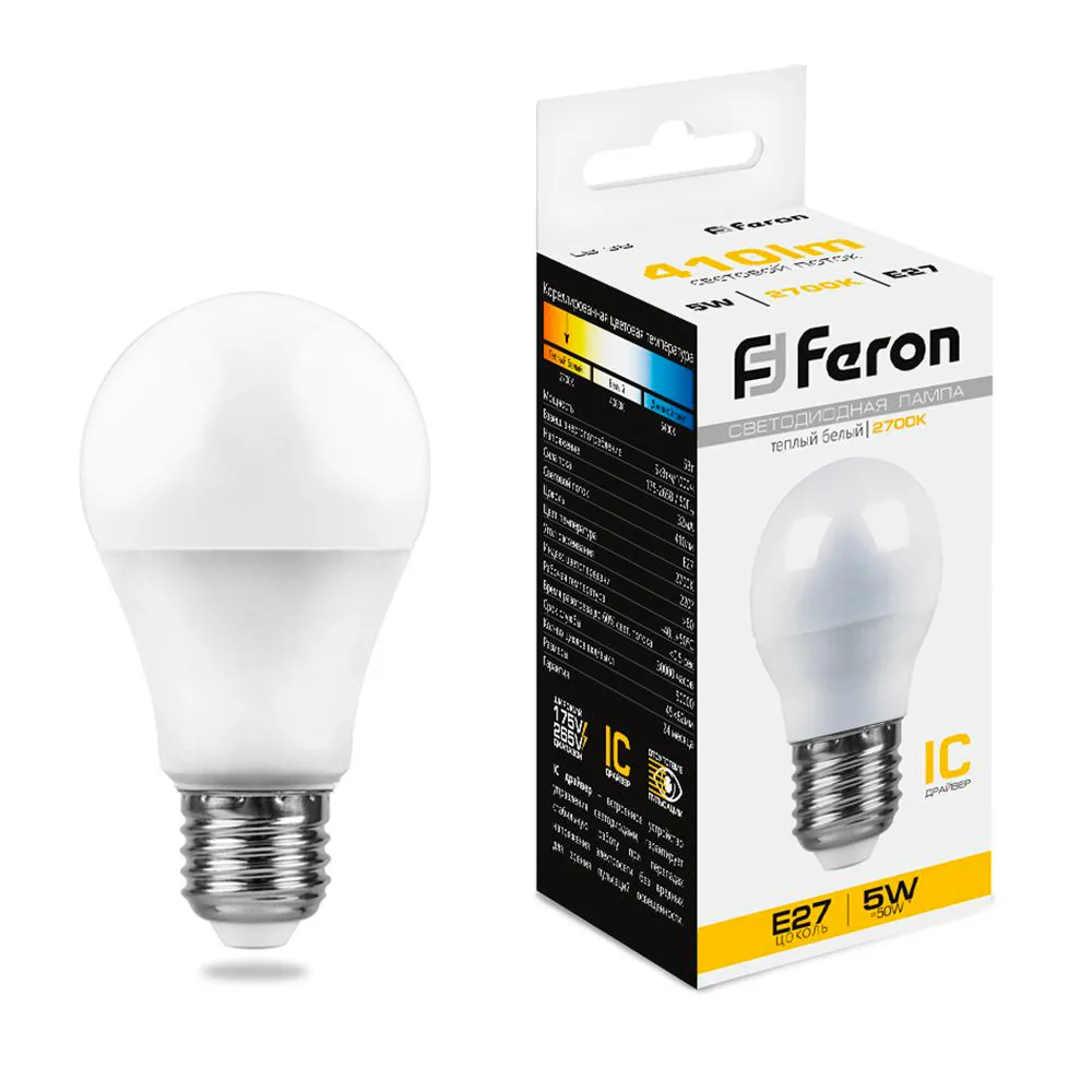 FERON Лампа светодиодная LB-38 Шарик E27 5W 175-265V 2700K 25404 FERON Лампа светодиодная LB-38 Шарик E27 5W 175-265V 2700K 25404