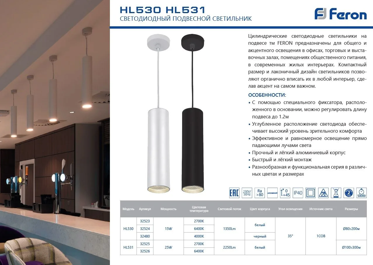 FERON Светодиодный светильник HL530 на подвесе 15W 6400K 35 градусов белый 80*200 32524 FERON Светодиодный светильник HL530 на подвесе 15W 6400K 35 градусов белый 80*200 32524