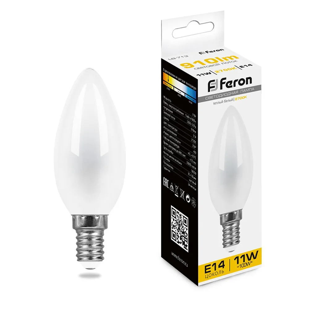 FERON Лампа светодиодная LB-713 Свеча E14 11W 230V 2700K 38005 FERON Лампа светодиодная LB-713 Свеча E14 11W 230V 2700K 38005