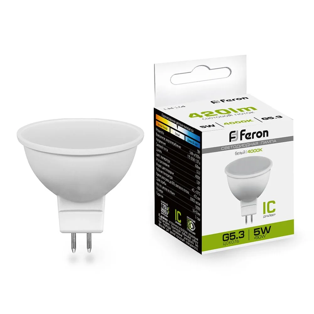 Лампа светодиодная FERON LB-24 MR16 G5.3 5W 175-265V 4000K 25126