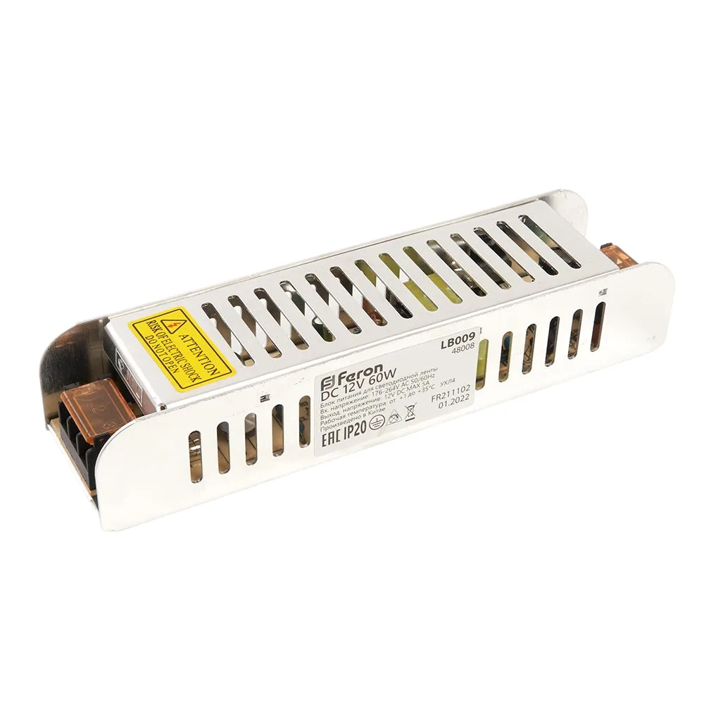 Трансформатор электронный для светодиодной ленты 60W 12V (драйвер), LB009 FERON Артикул 48008