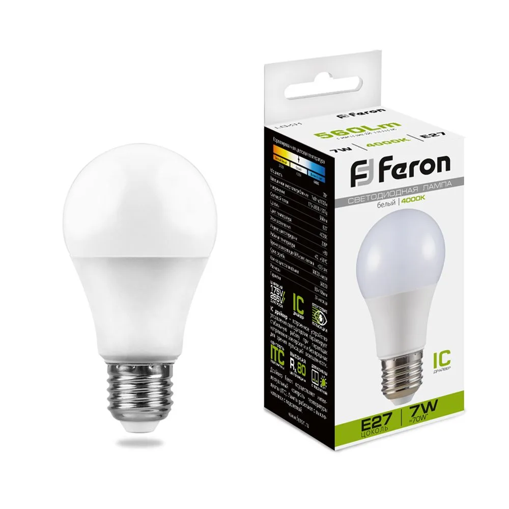 FERON Лампа светодиодная LB-91 Шар E27 7W 175-265V 4000K 25445 FERON Лампа светодиодная LB-91 Шар E27 7W 175-265V 4000K 25445