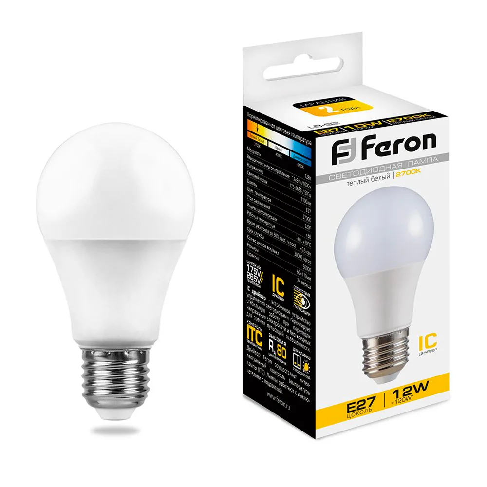 FERON Лампа светодиодная LB-93 Шар E27 12W 175-265V 2700K 25489 FERON Лампа светодиодная LB-93 Шар E27 12W 175-265V 2700K 25489